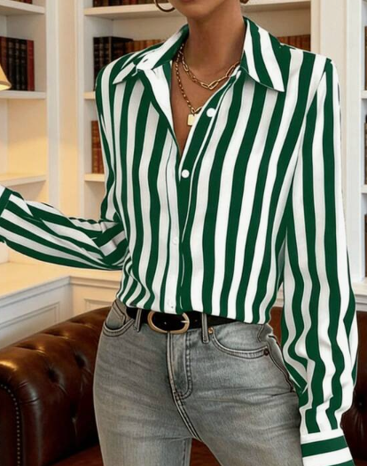 Contrast Color Block Striped Button Front Women Shirt, Loose Striped Blouse For Women
