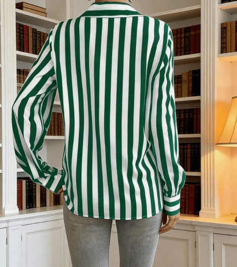 Contrast Color Block Striped Button Front Women Shirt, Loose Striped Blouse For Women